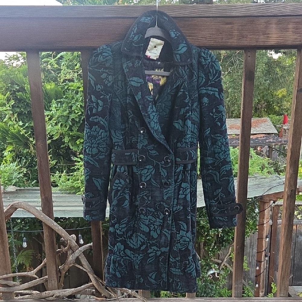 Elevenses Teal and Black Floral Trench Coat